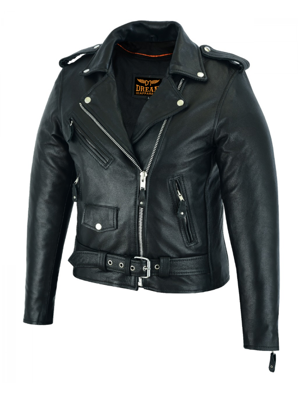 Dream Apparel Women Motorcycle Classic Leather Jacket Premier Cowhide Leather Silver Hardware