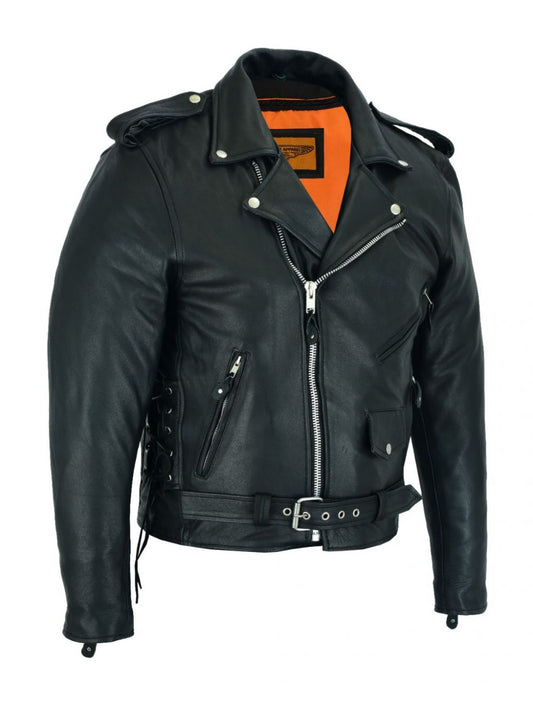 Dream Apparel Mens Classic Police Style Motorcycle Jacket With Side Laces Silver Hardware