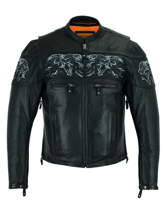 Men's Leather Racing Jacket with Reflective Skulls Heavy Duty